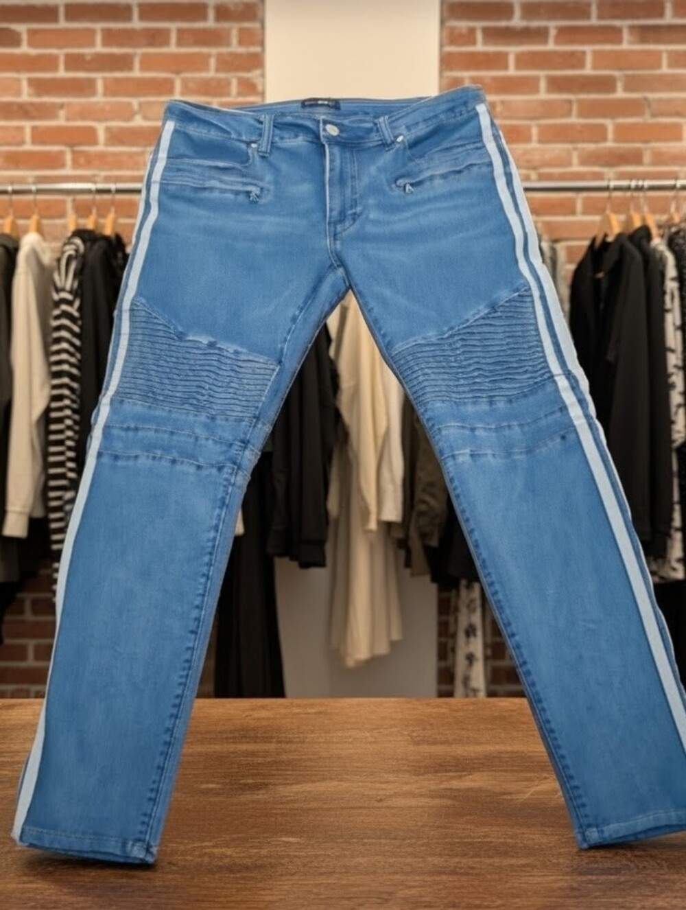 Fashion Nova Men Blue Denim Moto Jeans with White Side Stripes